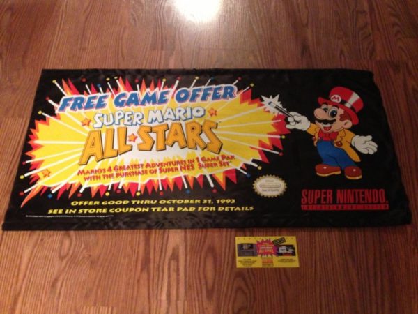 4 foot wide promo banner from 1993 for the Super Mario Allstars game